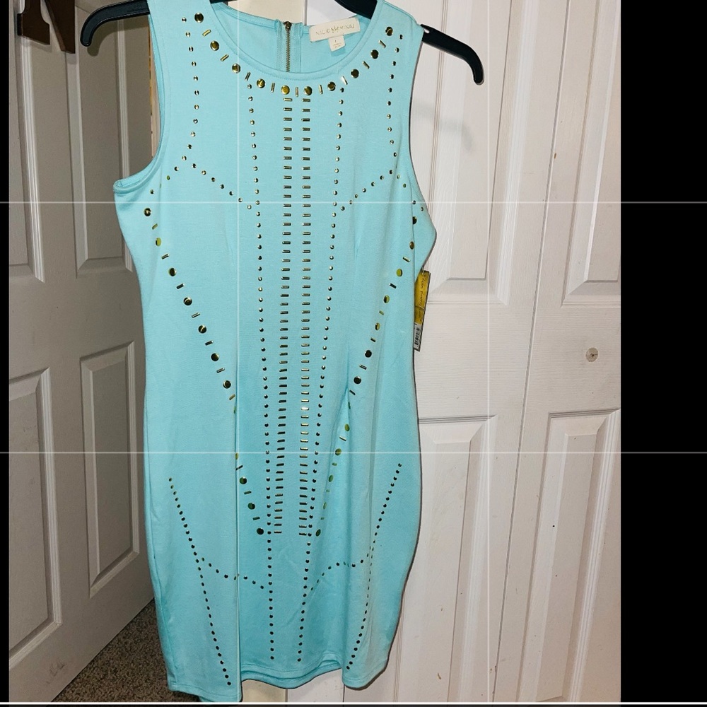 NwT Niki Minaj Green Strip Illusion Sheath Midi Dress Size L